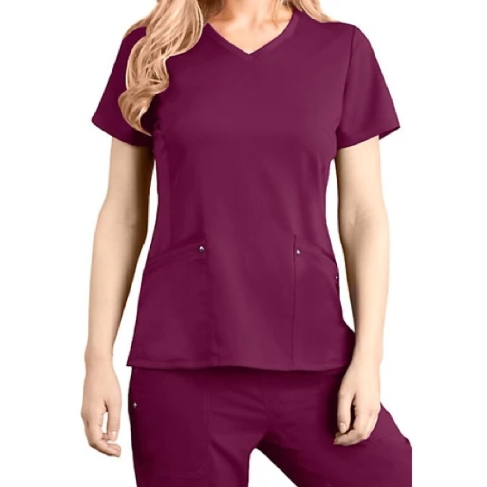 Healing Hands Purple Label Yoga Scrub Set - Maroon. Medium Top, Small Bottoms.